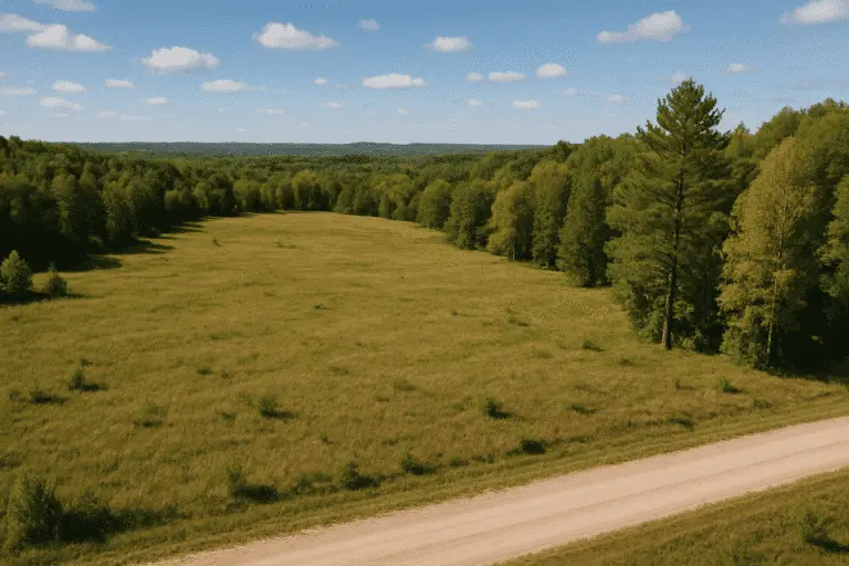 Open rural land with grassy field, dirt road, and surrounding trees under a clear sky